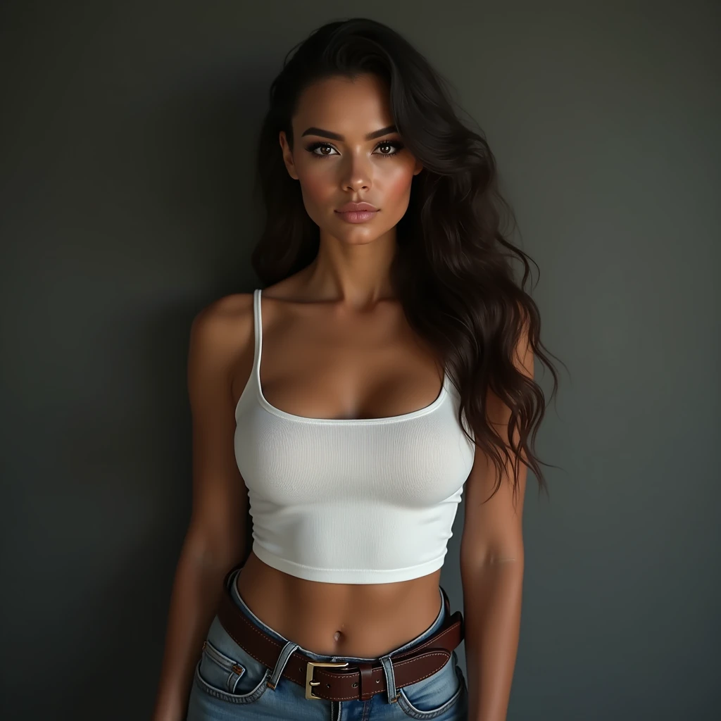 picture of (maddychery), a woman 25 years, (wearing a tight white tank top:1.2), (wearing jeans:1.3), cleavage, modelshoot style, (extremely detailed CG unity 8k wallpaper), photo of the most beautiful artwork in the world, trending on ArtStation, trending on CGSociety, Intricate, High Detail, Sharp focus, dramatic, photorealistic painting art by midjourney and greg rutkowski, (leather belt), (in a modeling studio:1.2), (looking at viewer), (detailed eyes:1.2), (closeup)