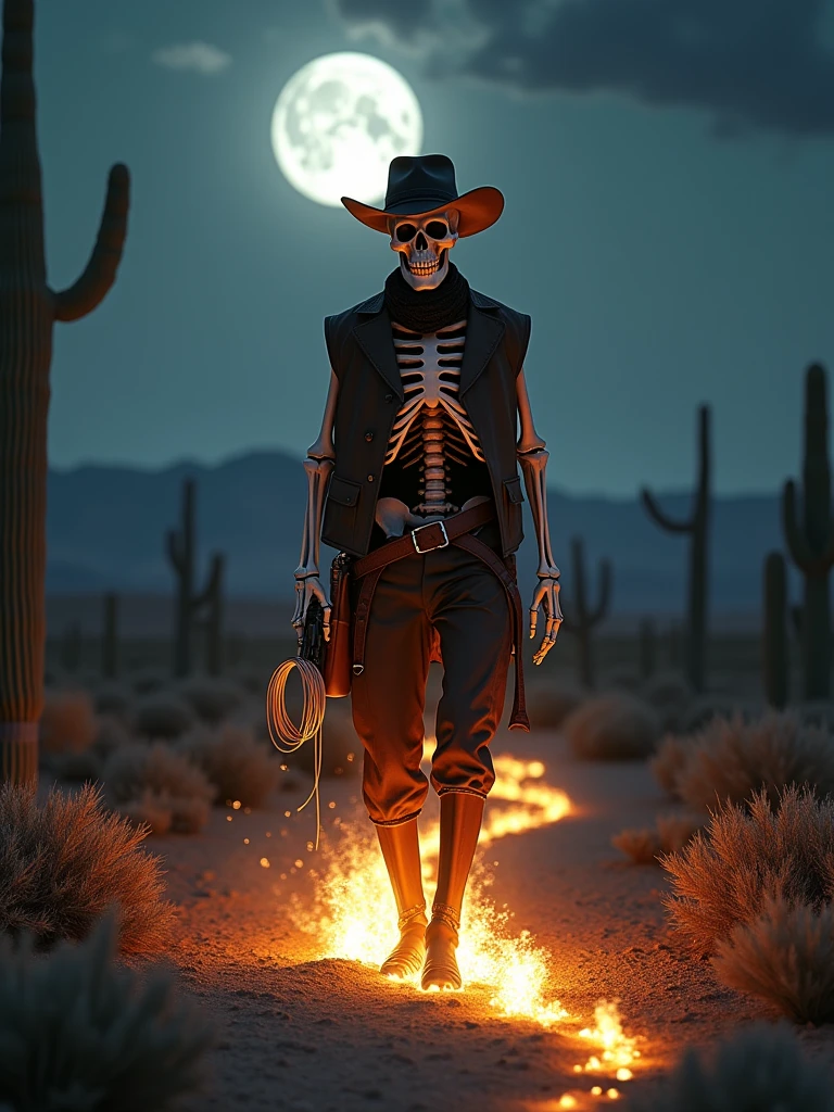 ((masterpiece, 16K, best quality, high resolution:1.3)), (an ultra-realistic and ultra-detailed image of a skeleton dressed as a cowboy:1.2), (he is walking, and wherever he steps, the ground catches fire:1.2), (he is in the Old West at night, with a full moon in the background:1.2), (epic and award-winning photo:1.2), (full-body shot:1.2), (aspect ratio 9:21:1.2), (the skeleton cowboy is wearing a classic cowboy hat, a bandana, a leather vest, and chaps:1.2), (he is carrying a six-shooter revolver in a holster and a lasso coiled at his side:1.2), (the background features a vast, desolate landscape with cacti, tumbleweeds, and distant mountains:1.2), (the full moon casts a silvery light, creating dramatic shadows and highlights:1.2), (the fires left by his footsteps are vivid and intense, adding a dynamic element to the scene:1.2), (Canon EOS 5DS R camera, perfect for capturing the detail and beauty of the scene:1.2), (paired with the Canon EF 24-70mm f/2.8L II USM lens:1.2), (the scene is illuminated with high contrast, creating a dramatic and cinematic atmosphere:1.2), (the composition showcases the intricate details of the skeleton cowboy and the epic setting:1.2), (a moment frozen in time, capturing the essence of the supernatural and the Wild West:1.3), (ultra photorealistic, highlighting the intricate details of the skeleton and the dramatic landscape:1.3), (an image that transports viewers to a captivating and epic moment:1.2), - - ar 9:21