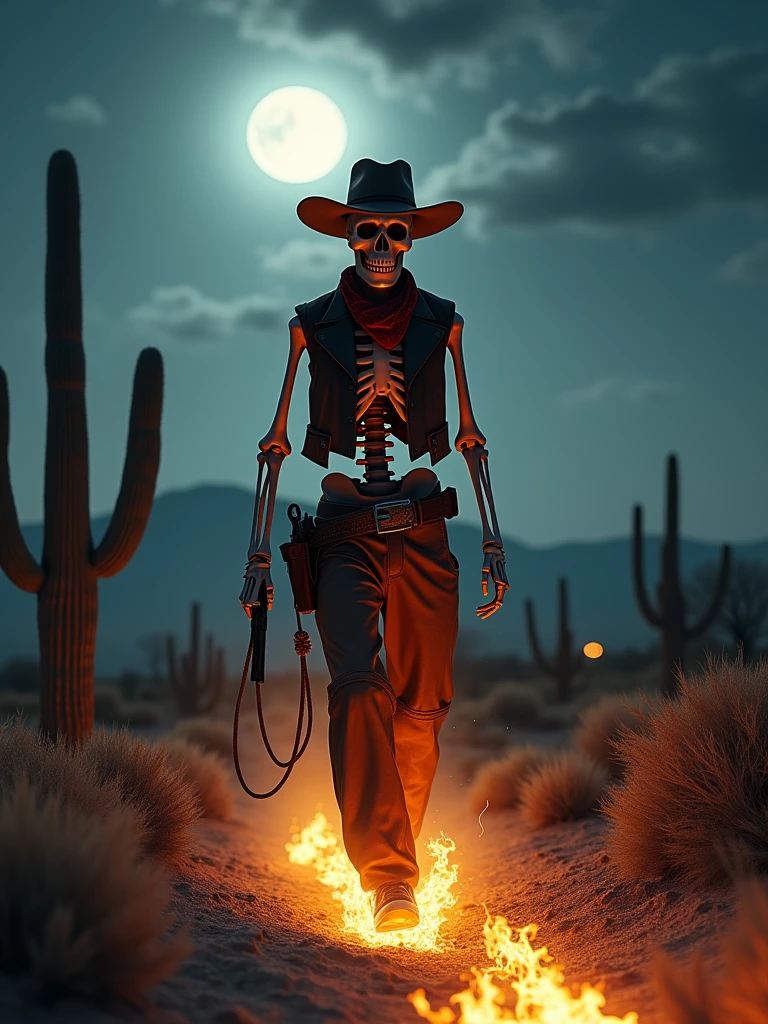 ((masterpiece, 16K, best quality, high resolution:1.3)), (an ultra-realistic and ultra-detailed image of a skeleton dressed as a cowboy:1.2), (he is walking, and wherever he steps, the ground catches fire:1.2), (he is in the Old West at night, with a full moon in the background:1.2), (epic and award-winning photo:1.2), (full-body shot:1.2), (aspect ratio 9:21:1.2), (the skeleton cowboy is wearing a classic cowboy hat, a bandana, a leather vest, and chaps:1.2), (he is carrying a six-shooter revolver in a holster and a lasso coiled at his side:1.2), (the background features a vast, desolate landscape with cacti, tumbleweeds, and distant mountains:1.2), (the full moon casts a silvery light, creating dramatic shadows and highlights:1.2), (the fires left by his footsteps are vivid and intense, adding a dynamic element to the scene:1.2), (Canon EOS 5DS R camera, perfect for capturing the detail and beauty of the scene:1.2), (paired with the Canon EF 24-70mm f/2.8L II USM lens:1.2), (the scene is illuminated with high contrast, creating a dramatic and cinematic atmosphere:1.2), (the composition showcases the intricate details of the skeleton cowboy and the epic setting:1.2), (a moment frozen in time, capturing the essence of the supernatural and the Wild West:1.3), (ultra photorealistic, highlighting the intricate details of the skeleton and the dramatic landscape:1.3), (an image that transports viewers to a captivating and epic moment:1.2), - - ar 9:21
