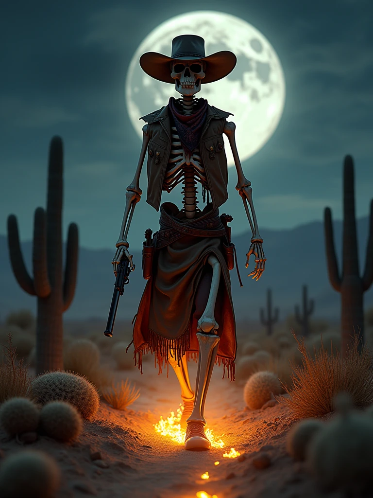 ((masterpiece, 16K, best quality, high resolution:1.3)), (an ultra-realistic and ultra-detailed image of a skeleton dressed as a cowboy:1.2), (he is walking, and wherever he steps, the ground catches fire:1.2), (he is in the Old West at night, with a full moon in the background:1.2), (epic and award-winning photo:1.2), (full-body shot:1.2), (aspect ratio 9:21:1.2), (the skeleton cowboy is wearing a classic cowboy hat, a bandana, a leather vest, and chaps:1.2), (he is carrying a six-shooter revolver in a holster and a lasso coiled at his side:1.2), (the background features a vast, desolate landscape with cacti, tumbleweeds, and distant mountains:1.2), (the full moon casts a silvery light, creating dramatic shadows and highlights:1.2), (the fires left by his footsteps are vivid and intense, adding a dynamic element to the scene:1.2), (Canon EOS 5DS R camera, perfect for capturing the detail and beauty of the scene:1.2), (paired with the Canon EF 24-70mm f/2.8L II USM lens:1.2), (the scene is illuminated with high contrast, creating a dramatic and cinematic atmosphere:1.2), (the composition showcases the intricate details of the skeleton cowboy and the epic setting:1.2), (a moment frozen in time, capturing the essence of the supernatural and the Wild West:1.3), (ultra photorealistic, highlighting the intricate details of the skeleton and the dramatic landscape:1.3), (an image that transports viewers to a captivating and epic moment:1.2), - - ar 9:21