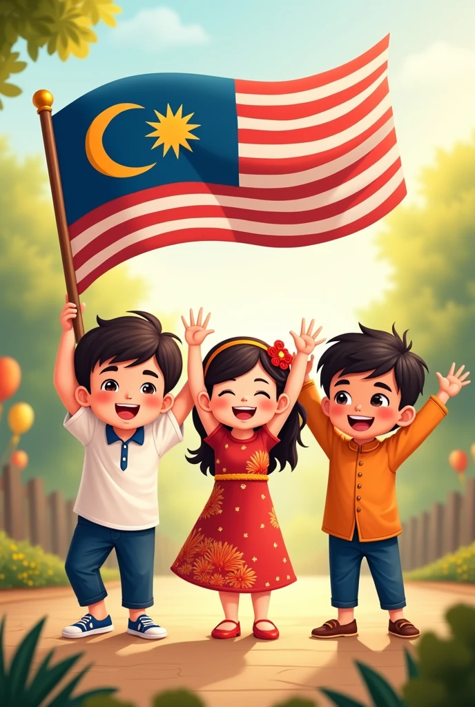 Malay boy wearing tanjak, cheongsam girl and indian boy wearing kurta, happily holding malaysian flag, cartoon