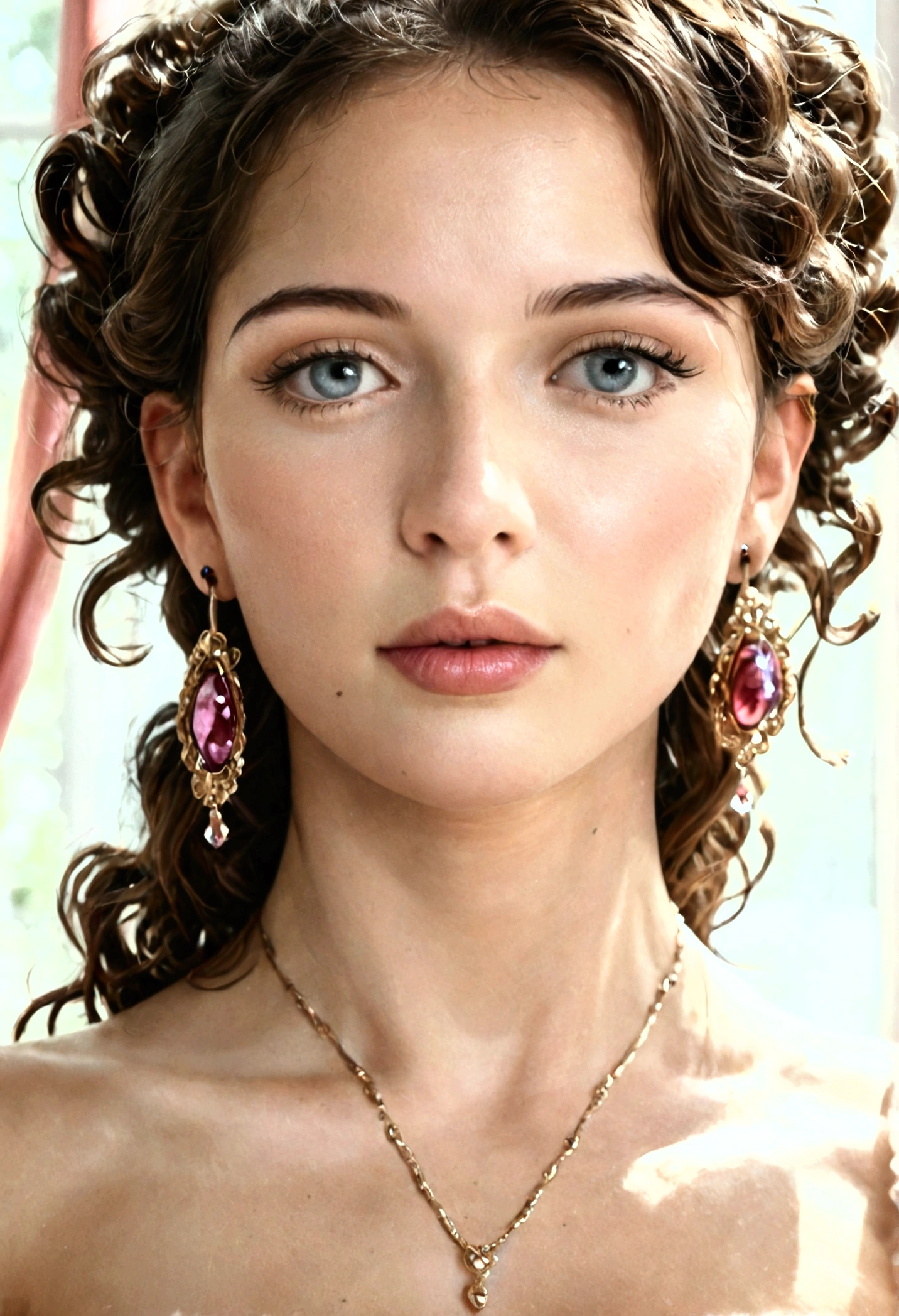 Girl, Indian, ( Oval face, having high cheekbones, fleshy, plump and full cheeks, V taper chin, softer and rounded jawline, wide-set almond eyes, bright blue color irises, arched dark brown color eyebrows, curly eyelashes, small upturned nose, long and oval ears, oval, small and attached earlobes, bottom heavy, plump and heart-shaped pink color lips, full, even, stright and bright white color teeth, porcelain skintone, rose color skin undertone, velvty, bright and glass skin, curly, long touching the mid-back, medium ash brown color, smoky, deep and lustrous hair, 5 inches long and 11 inches total circumference graceful, smooth and proportioned neck, large frame body, 36 inches wide and 2 head lengths narrower torso, 39 inches ample, full, round, close-set, lifted, center-placed breasts, 27 inches narrow and defined underbust, soft, ample, luscious and closed cleavge, 24 inches small and cinched waist, 39 inches curvaceous, wide and round hips, 24 inches thick, full and curved thighs, 5 head lengths, 39 inches (From hips to ankle), long, toned, smooth and shapely legs, 16 inches toned, shapely and round calves, 42 inches ample, full, round, high-set, lifted and soft buttocks, classic hourglass body shape and curvaceous figure), (cinematic:1.3), intricate details, (ArtStation:1.2)