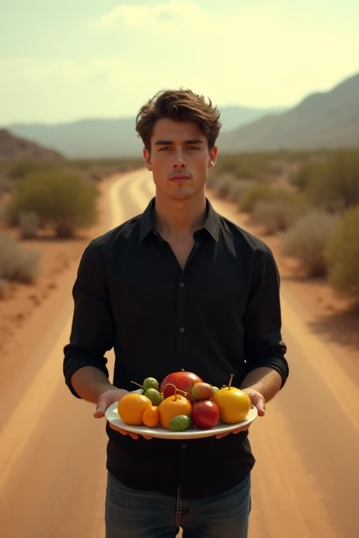 ((Create a realistic portrait with a warm cinematic perspective of a young man wearing a black shirt and jeans in the middle of a semi-desert road holding a plate of fruit in both hands and looking straight ahead.