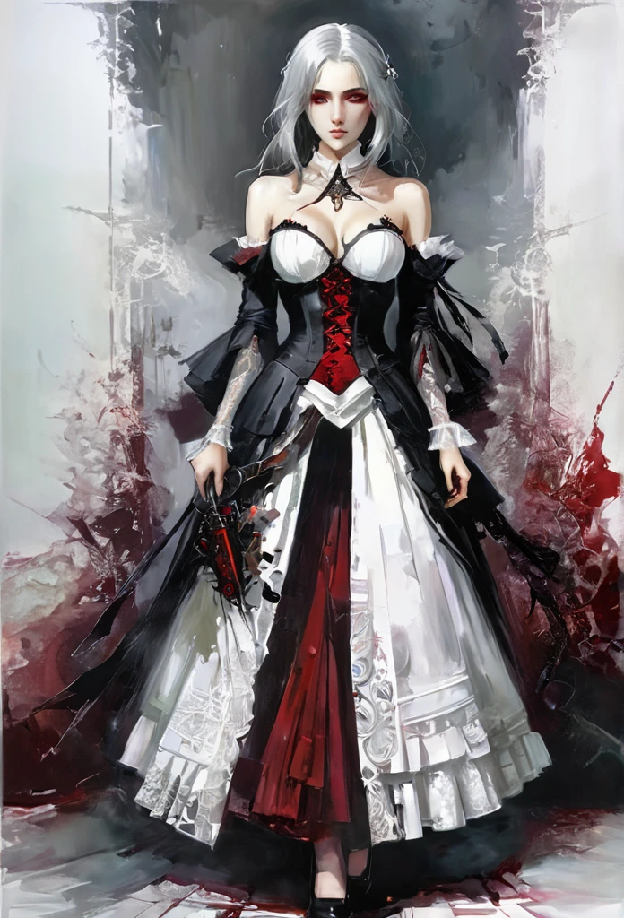  ((best quality)), ((masterpiece)), (detailed), 1girl, off-shoulder, Character design, female, dynamic poses, long white grey hair, grey white eyes, very skinny, detailed, best quality, no accesoires around the neck, no shoes, prominent collarbones, skinny arms, flat stomach, visible hip bones, full body, blank white background, plain background, white background, red and white clothing, Bloodborne inspired, occult aesthetic, occult, detailed and intricate steampunk and detailed gothic, NSFW, Very dramatic and cinematic lighting, cosmic horror, grim-dark, side-lighting, perfect face, NSFW, Fluttering lace flared long knee length dress with frilly petticoats, knee length dress, pleated petticoats, petticoats gothic, complex lace boots, side-lighting, gothic lolita aesthetic, wielding a mighty sword with mechanical components, mandalas, small breasts, a fairy, various different types of insect wings, NSFW, full body, whole body, body, plain background, white background, blank background, no background, white background NSFW, chains, full body, whole body, head-to-toe NSFW, oil painting 