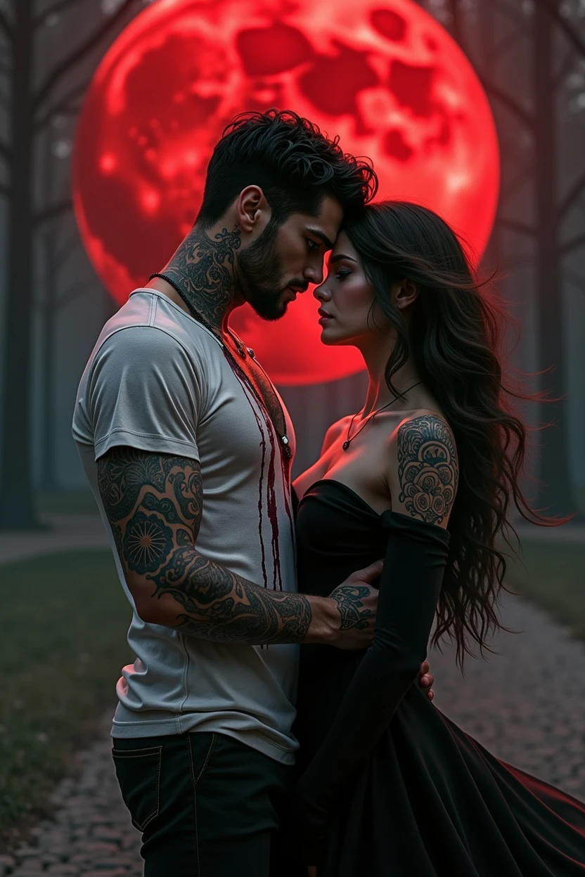 A tall boy, dark and tattooed very long strait hair, such as devils night, the book, with very long strait hair, wearing a tight white shirt, with a little blood, marking your muscles, green eyes kissing a brunette girl with blue eyes and wavy long hair, wearing a black gown , in the background there is a red moon, love is in the night air