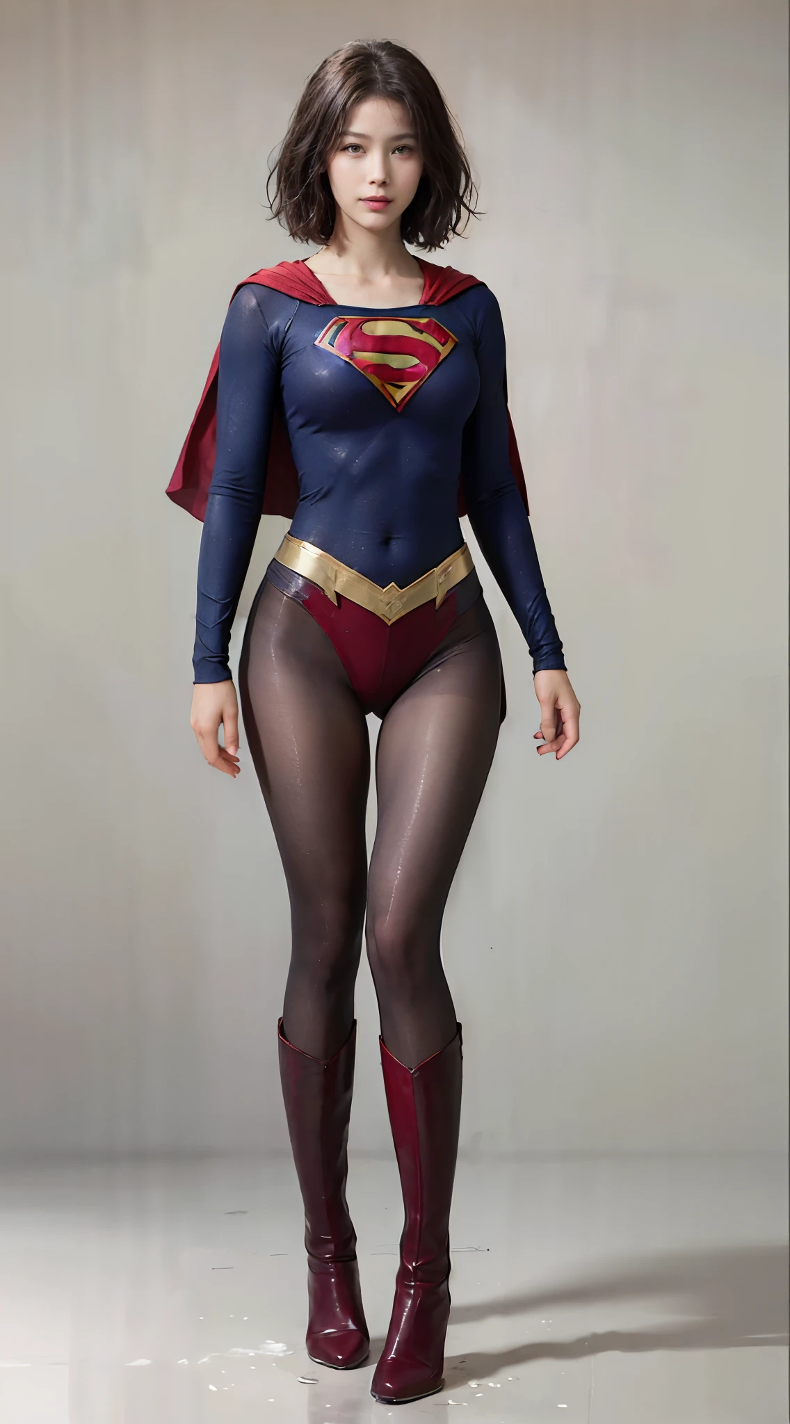 No background、(((Looking down、Looking down)))、(((Beautiful legs in black tights.)))、(((Legally express the beauty of your smile)))、((((Make the most of your original images)))、(((Supergirl Costume)))、(((Beautiful short bob hair)))、(((suffering)))、(((Please wear black tights....、Wear red boots)))、((Best image quality、8k))、((Highest quality、8k、masterpiece:1.3))、(((Preserve background )))、Sharp focus:1.2、Beautiful woman with perfect figure:1.4、Slim Abs:1.2、Wet body:1.5、Highly detailed face and skin texture、8k