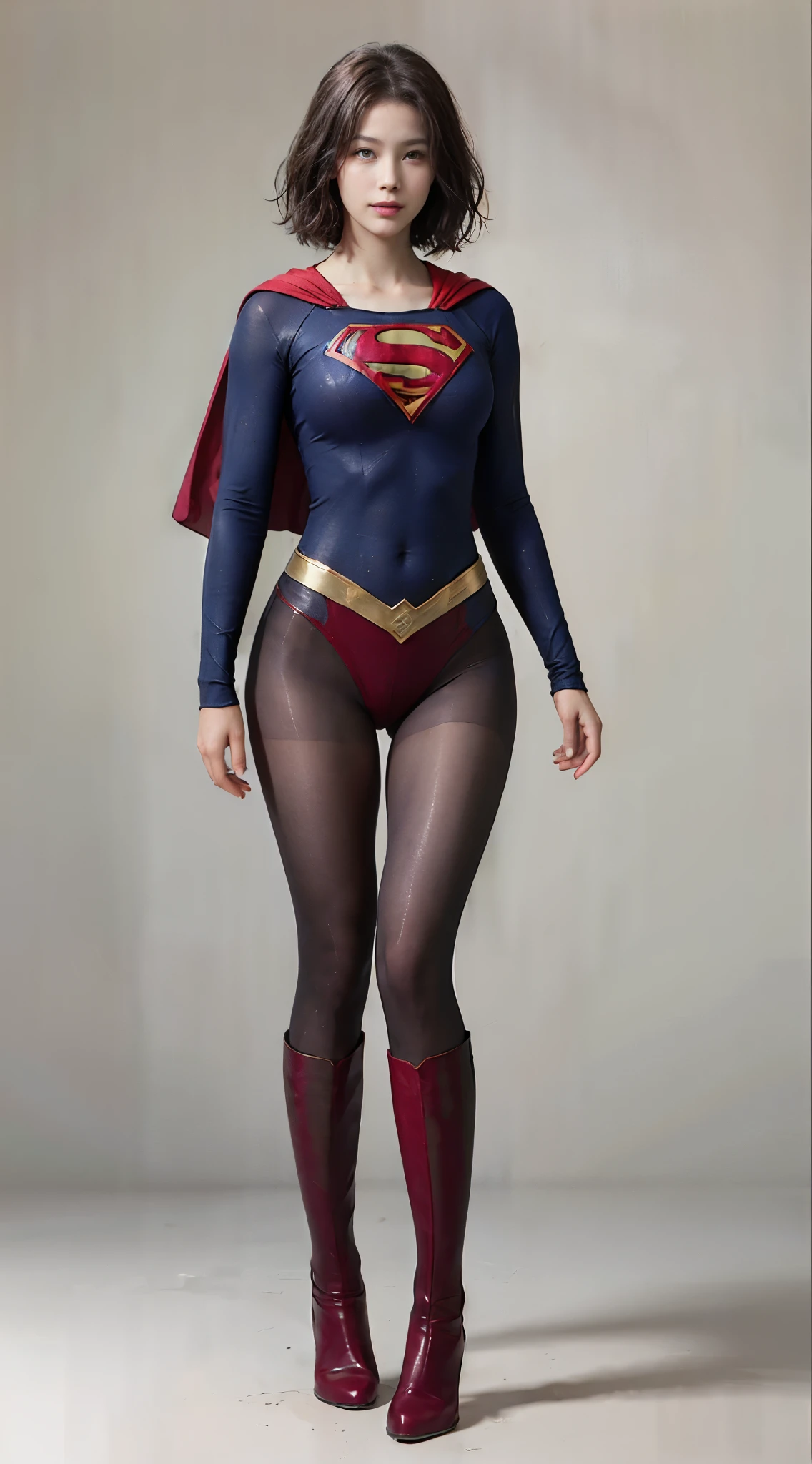 No background、(((Looking down、Looking down)))、(((Beautiful legs in black tights.)))、(((Legally express the beauty of your smile)))、((((Make the most of your original images)))、(((Supergirl Costume)))、(((Beautiful short bob hair)))、(((suffering)))、(((Please wear black tights....、Wear red boots)))、((Best image quality、8k))、((Highest quality、8k、masterpiece:1.3))、(((Preserve background )))、Sharp focus:1.2、Beautiful woman with perfect figure:1.4、Slim Abs:1.2、Wet body:1.5、Highly detailed face and skin texture、8k