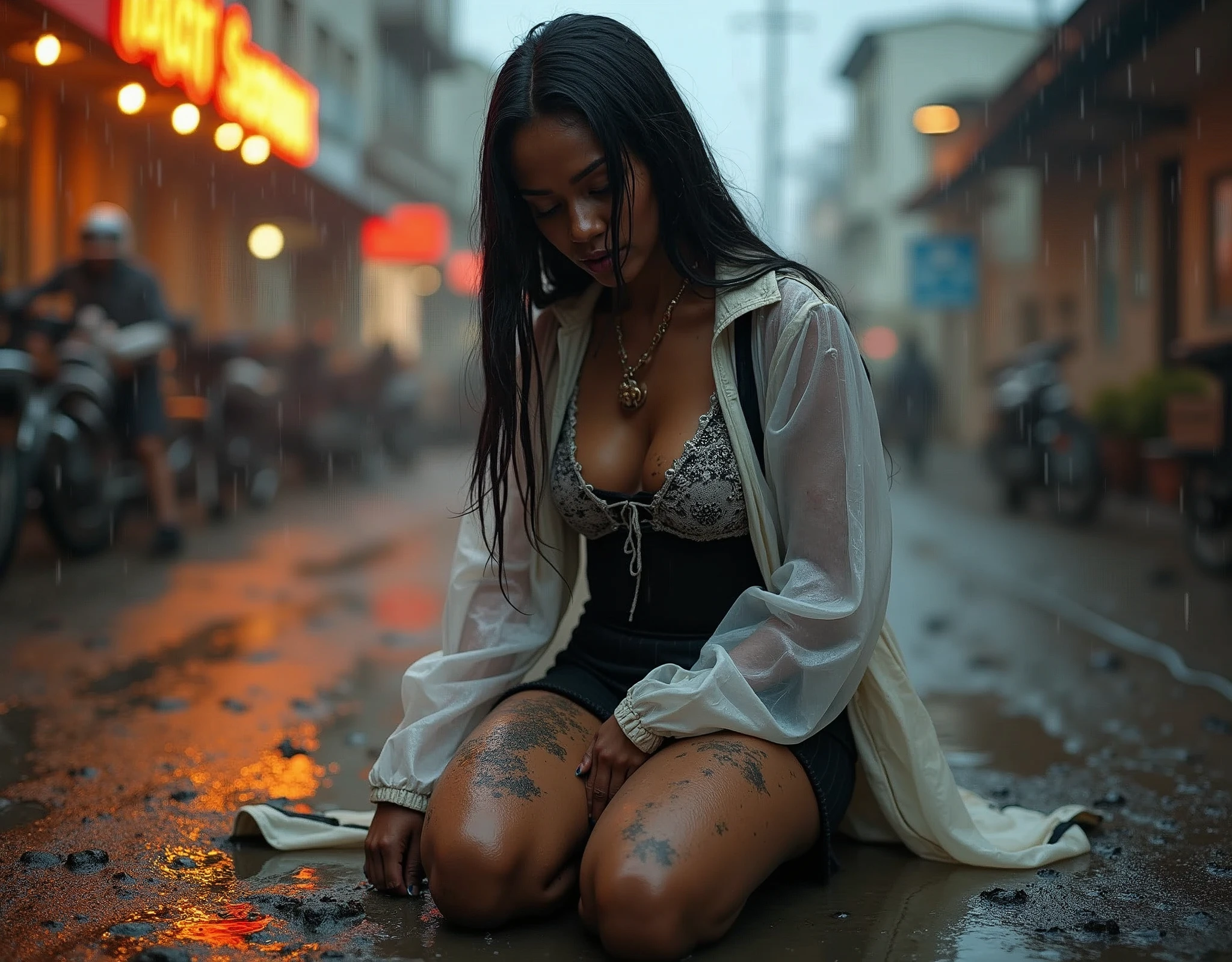(((masterpiece))), (((Highest quality))), ((Very detailed)), (photograph), (low ground point of view), half-side view, raining:1.5, (paparazzi photo:1.2) of a long-black-haired black-skinned Nigerian 65 years old woman, braces, dirty and laced skirt, muddy body, the kneeling woman is wearing white transparent torn laced rain jacket soiled with mud splashes, skirt and sludge, dirt, slush, hold-up stockings red soiled with mud splashes, 80s hairstyle, black suspenders next to the breasts. Cleavage smeared with mud, Mud runs all over her body, necklace, the face is soiled with mud splashes, hair is smeared with mud, the woman are smeared with mud, feet look out of the mud, realistic lighting, center of the picture, low tilted POV, hourglass proportions, small, long legs, professional photography of a woman, natural skin texture smeared with a lot of mud, textures, complicated, elegant, very detailed, sharp focus, insane details, intricate details, bright cinema light, Outdoor atmosphere, mouth semi-open. [Entire scene is surrounded by lights, evoking a magical and eerie atmosphere. The lighting is bright and atmospheric, with smoke adding a touch of sinister ambiance. Best quality image, HDR enhancement, showcasing the utmost level of detail and realism]. [8K, Best Quality, Ultra High Resolution, (highly detailed CG unity 8k wallpaper), (best photo), (best shadows), isometric 3D, octane rendering, ray tracing, highly detailed, (Best quality, 4K, 8k:1.2), absurdity, ultra detailed, (realistic, photorealistic, photorealistic:1.37), complex parts, HDR, (complex parts:1.12), (hyper detailed, hyper realistic, Soft lighting, spicy:1.2), (complex parts, Hyper detailed:1.15). Blurred foreground. (backlit), masterpiece, high quality, brightness, chromatic aberration, foggy smoke, shadows, contrast, clear sky, (warm hue, warm tone), high details, natural reflections].