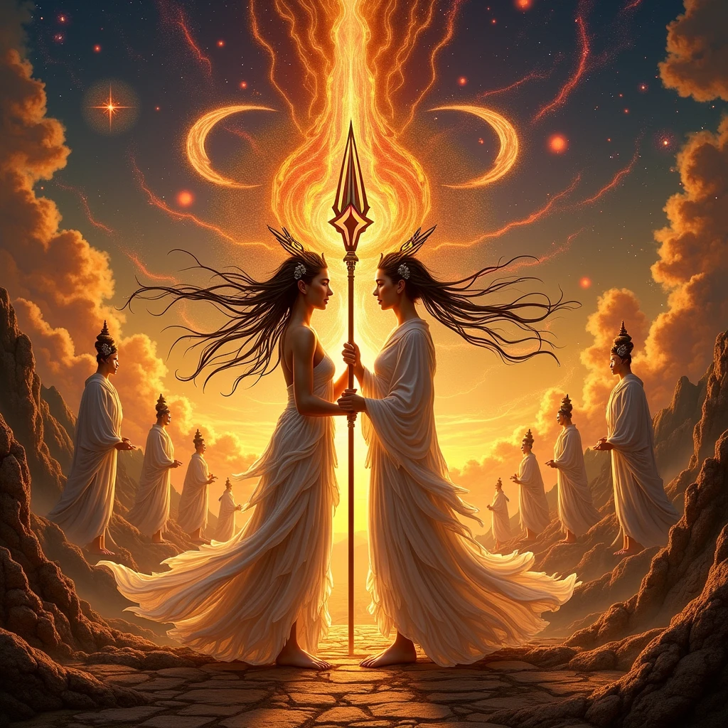 Prompt:
Izanagi and Izanami are majestically depicted in the sacred realm of Takamagahara, bathed in a celestial aura of divine radiance. Ethereal gods drift around them, their forms shimmering in the soft glow of creation. The sky swirls with vibrant blues and purples, echoing the primordial chaos. Izanagi and Izanami, resolute and dignified, hold the heavenly jeweled spear, Ame-no-Nuboko, which sparkles with a mystic iridescence, symbolizing their divine resolve to shape the world.