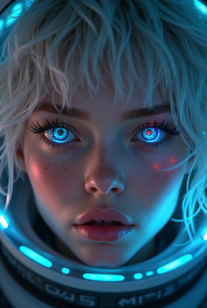 (Close-up of a better masterpiece:1.5)0.9], (Space and astronauts:1.2) (Messy silver hair:1.1) (Heterochromia xanthochromia and blue eyes:1.2) (Space Helmet:1.0) (Colored stars in the eyes:1.0) (A radiant glow:1.1) (thick lips:0.9)