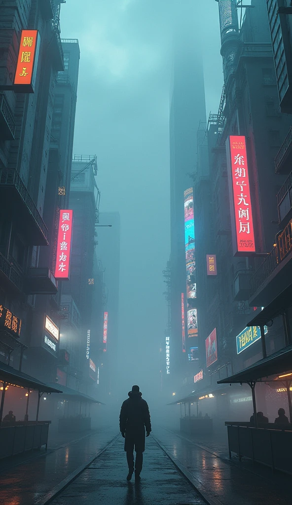 sci-fi, cyberpunk city, mysterious fog on street, colorful mist through glowing neon advertising signs, city landscape, panoramic view