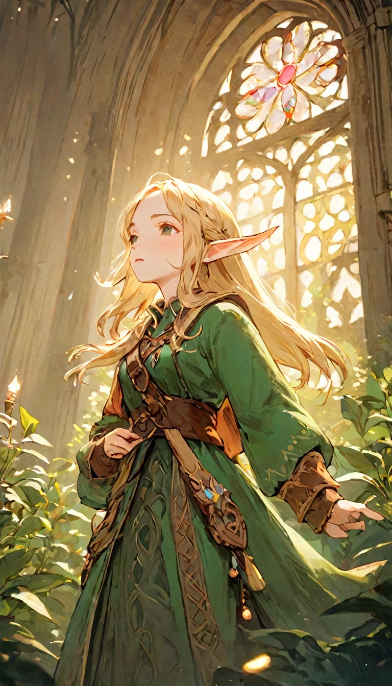 Female Adventurer, whole body, Game Art Style, (masterpiece),  best quality, high resolution, 4K, 8k, More details, intricate details, movie lights, amazing quality, 1 girl, bird、bard、Herb Play、Singing Passionately with Eyes Closed、elf ears、Ash blonde hair, Excellent Shading, soft lighting, Face Camera, perfect eyes