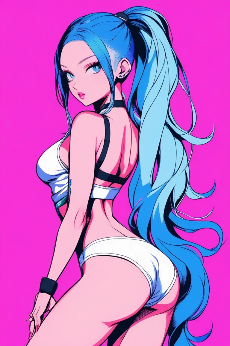 Illustrator, anime , Realistic ,sketch , 1 person, Supermodel, lip, bikini, order, Blue gradient background, Neon Ponytail Hair, (Are standing), Sexy pose, (whole body), Texture Trim, Canadian, (masterpiece,Highest quality) Cancer