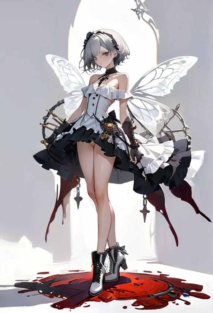 ((best quality)), ((masterpiece)), (detailed), 1girl, off-shoulder, Character design, female, dynamic poses, long white grey hair, grey white eyes, very skinny, detailed, best quality, no accesoires around the neck, no shoes, prominent collarbones, skinny arms, flat stomach, visible hip bones, full body, blank white background, plain background, white background, red and white clothing, Bloodborne inspired, occult aesthetic, occult, detailed and intricate steampunk and detailed gothic, NSFW, Very dramatic and cinematic lighting, cosmic horror, grim-dark, side-lighting, perfect face, NSFW, Fluttering lace flared long knee length dress with frilly petticoats, knee length dress, pleated petticoats, petticoats gothic, complex lace boots, side-lighting, gothic lolita aesthetic, wielding a mighty sword with mechanical components, mandalas, small breasts, a fairy, various different types of insect wings, NSFW, full body, whole body, body, plain background, white background, blank background, no background, white background NSFW, chains, full body, whole body, head-to-toe NSFW, oil painting