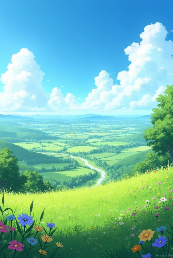 /imagine prompt: A panoramic view from the top of a lush green hill. The image shows an extensive natural landscape, with the gentle hill in the foreground, covered in grass and wildflowers. from above, you can see a vast landscape below, with undulating fields, sparse trees and a river winding in the distance. The sky is clear and blue, with some scattered white clouds, providing a feeling of tranquility and vastness. --v 5 --ar 16:9 --q 2