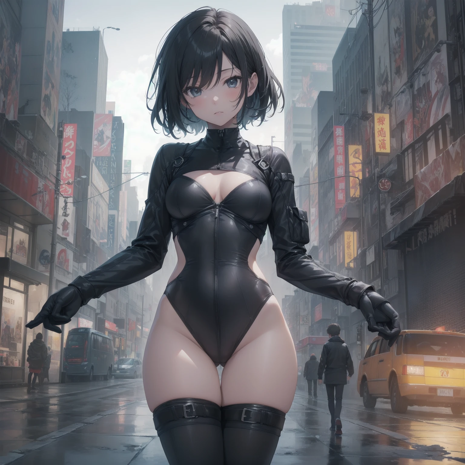 ultra-absurdres-Top quality by artist God, ultra-detailed, high resolution, anime moe artstyle, best anime 8k konachan wallpaper, pixiv contest winner, pool:2810, perfect anatomy,break, 1girl, (Please draw a girl dynamic action to skyscraper alone. )break,(Solo,little female, 16-year-old:1.3),Full limbs, complete fingers, cyberpunk, (very short hair), pixie cut, large breasts, groin, butt, small black eyes, beautiful detailed eyes, well-proportioned iris and pupils, expressive eyes, highres detailed hair, expressionless, bodysuit, plugsuit, (Detailed Lighting), (Detailed background), in the cityscape. break,super detailed skin, Best cinematic lighting powered by famous artist, 8k,sexual illustration,photoshop_(medium),very aesthetic,break,((artist:izumi_tsubasu )), artist:clamp ,artist:carnelian ,artist:kantoku ,