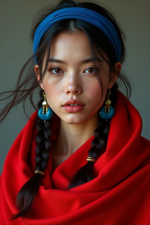 there is a woman with a blue headband and a red blanket, long pigtail, halfbody headshot, inspired by Louisa Matthíasdóttir, very accurate photo, lucio as a woman, pigtails, huge earrings and, hair in pigtails.