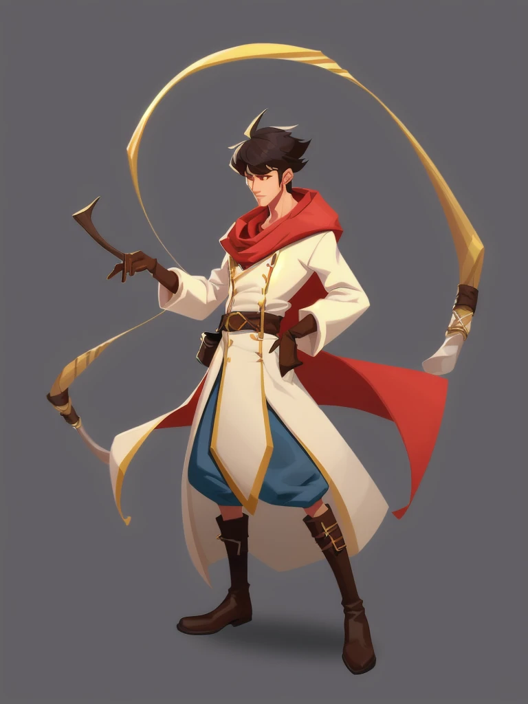 concept art, European and American comics, game character design, RPG Fantasy Game Characters, 1boy, solo, Asian male in his 20s, Male-centric, brown bowl cut hair,
Straight hair that falls straight down to the eyes, as if the head was cut with a hat on, slim body type, Wearing a red cloak tied around his neck, Blue long sleeve jacket, Vertical dark striped sprite pattern, Wearing a protector with a brown leather pocket on the waist, Brown gloves, Aiming pose with a bow, Standing with the bowstring drawn, Hair styled in a neat, straight-cut bangs, Upper body focused illustration, Clear facial expressions, Zoom in so the face is very visible,
