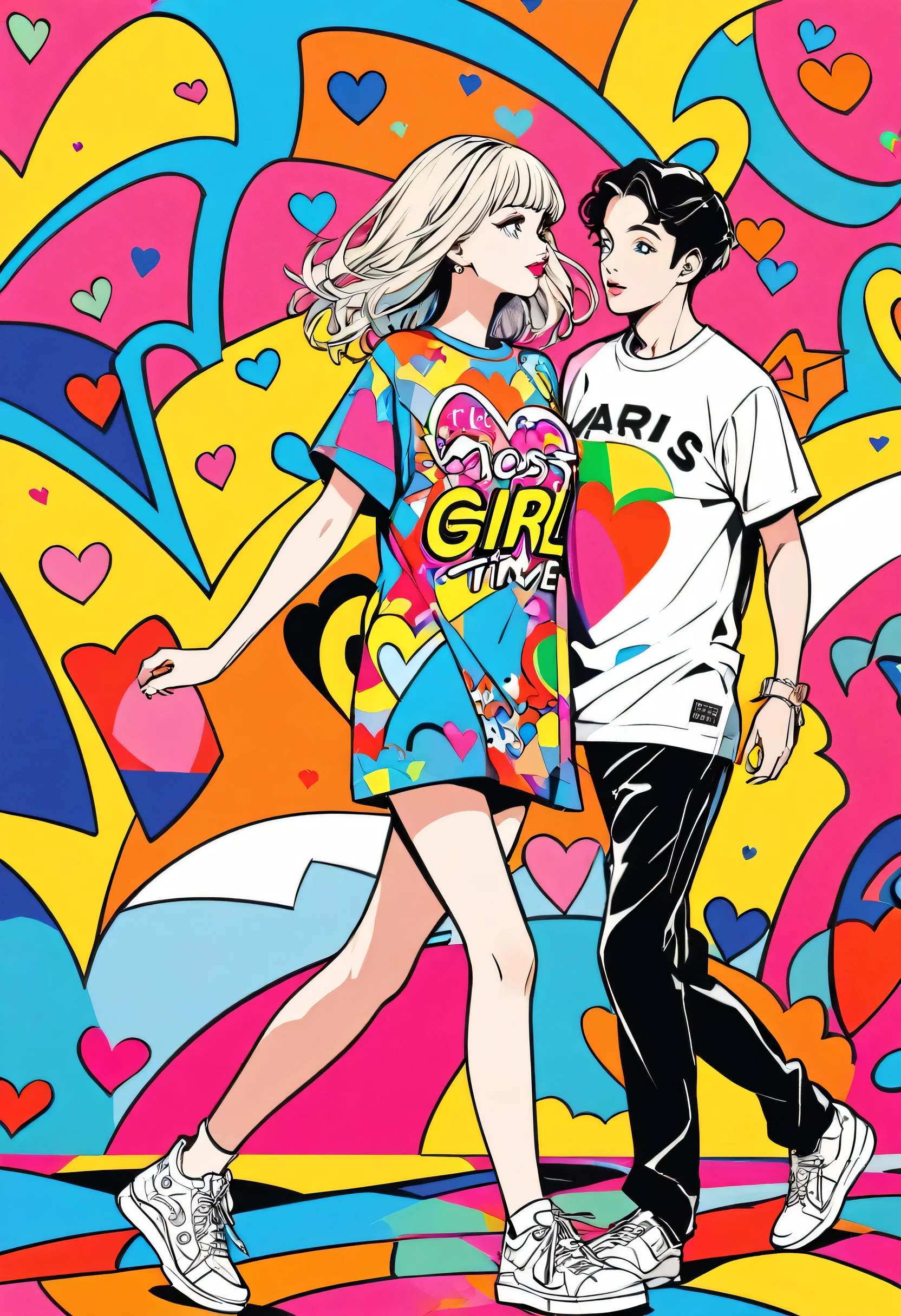 Ultra-realismKeith Haring colorful style, Simple Line Initialism,Abstract art,(((The most beautiful girl of all time))), Sweet face. Lips in love, colorful hearts, stylish design, 夏のオシャレなTシャツ, 黒い瞳, walking, Paris