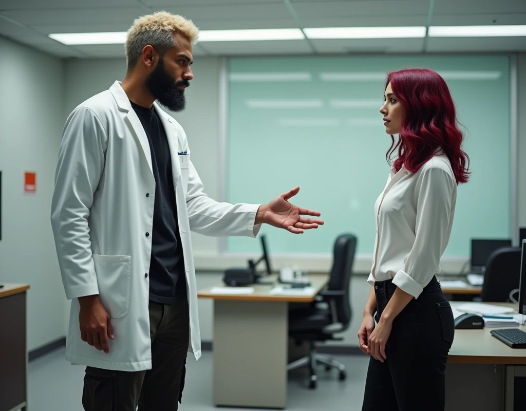 216 cm tall, 33-year-old man with short platinum blond wavy swept-back hair, dark skin, long black stubble, Arabic-Egyptian features, wearing a white lab coat over a black t-shirt, black cargo pants and black boots, standing behind office desk gesturing to take a seat to a far shorter 24-year-old woman, with vibrant maroon side-parted medium-length wavy hair, very pale skin, wearing a white silk work blouse, low-rise black pants and black boots. Photorealistic, cinematic.