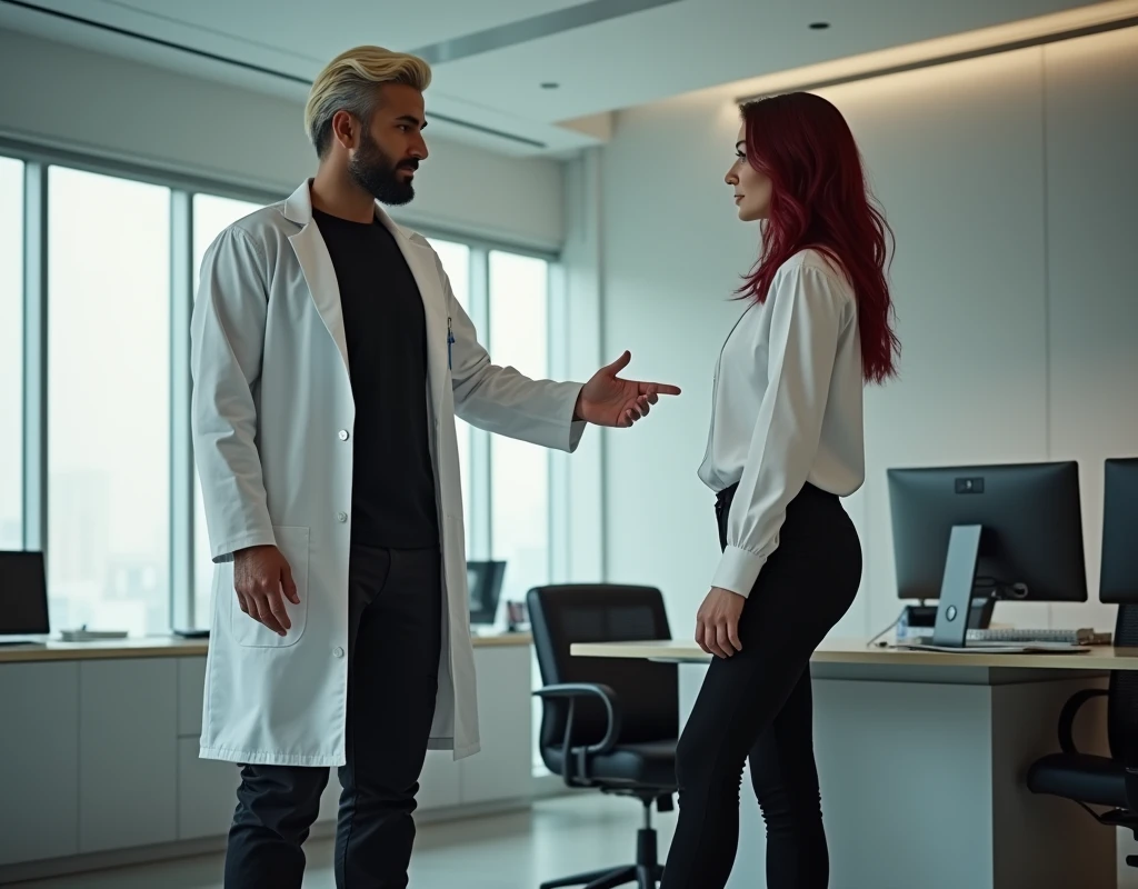 216 cm tall, 33-year-old man with short platinum blond wavy swept-back hair, dark skin, long black stubble, Arabic-Egyptian features, wearing a white lab coat over a black t-shirt, black cargo pants and black boots, standing behind office desk gesturing to take a seat to a far shorter 24-year-old woman, with vibrant maroon side-parted medium-length wavy hair, very pale skin, wearing a white silk work blouse, low-rise black pants and black boots. Photorealistic, cinematic.