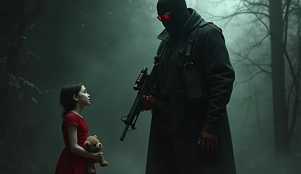 short in red dress with tall black hair holding plushie bear telling F.E.A.R operative that he is her son. He is wearing black tactical balaclava and red glasses and holds shotgun. His height is way taller than her. Make it in creepy style. Her eyes are creepy black and her skin is pale. The place is dark