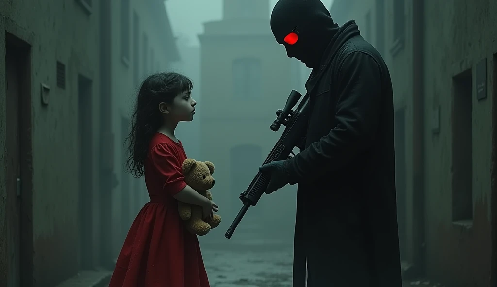 short in red dress with tall black hair holding plushie bear telling F.E.A.R operative that he is her son. He is wearing black tactical balaclava and red glasses and holds shotgun. His height is way taller than her. Make it in creepy style. Her eyes are creepy black and her skin is pale. The place is dark
