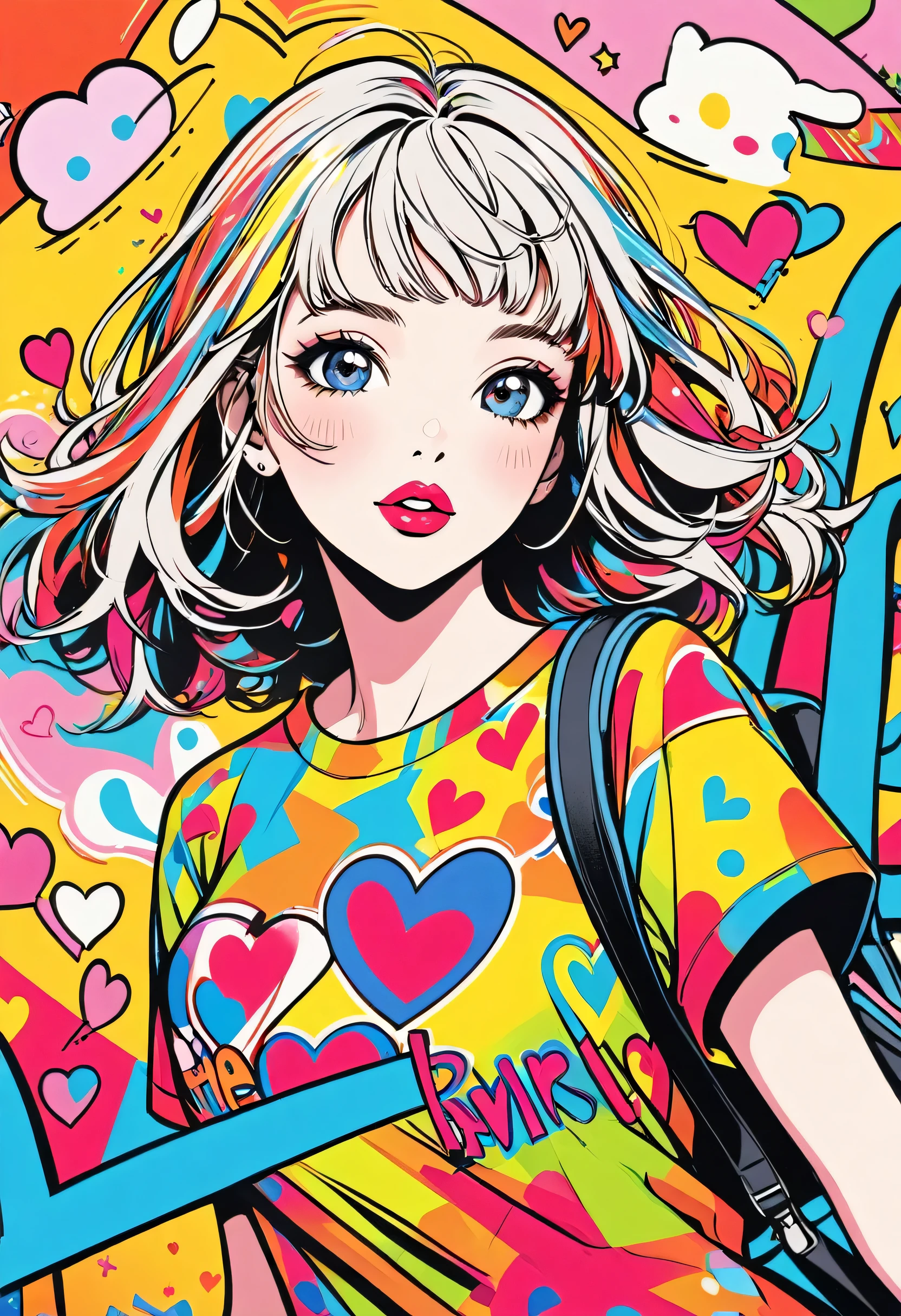 Ultra-realismKeith Haring colorful style, Simple Line Initialism,Abstract art,(((The most beautiful girl of all time))), Sweet face. Lips in love, colorful hearts, stylish design, 夏のオシャレなTシャツ, 黒い瞳, walking, Paris