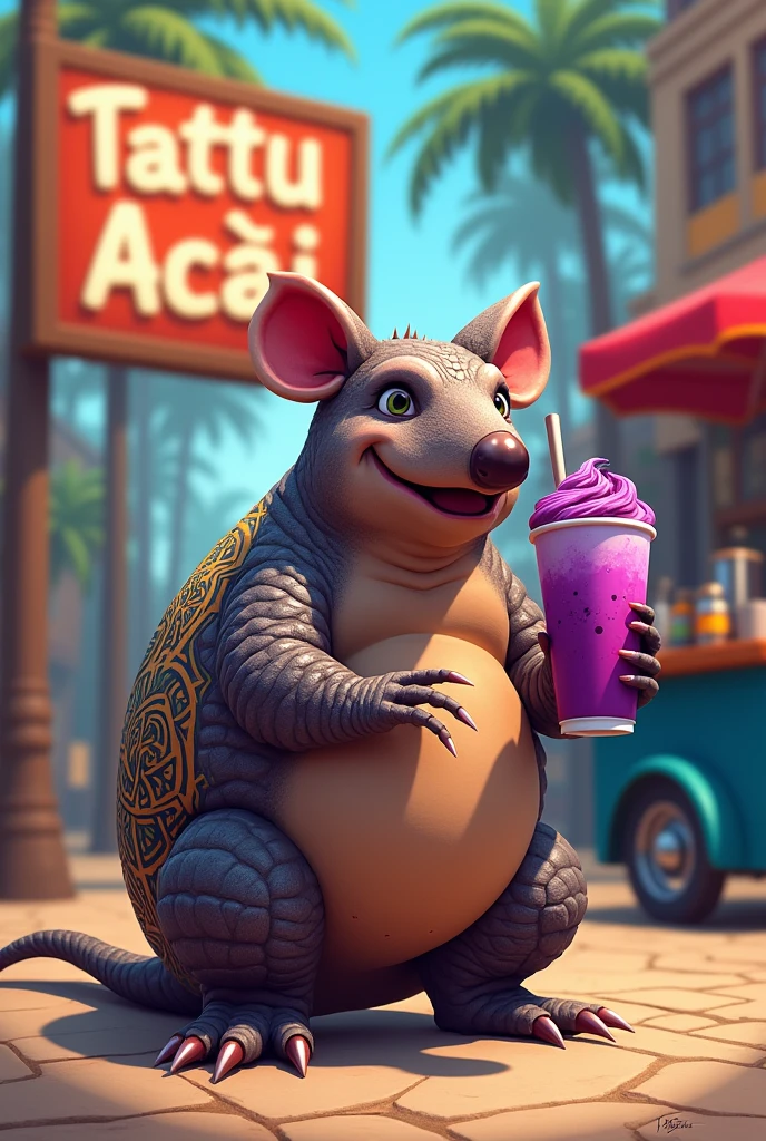 Create a ball-footed armadillo, with a cup of acai in his hand, Behind it is a visible sign that reads 'Tattu Açai' and an açai cart next to it., Change the tattoo 
