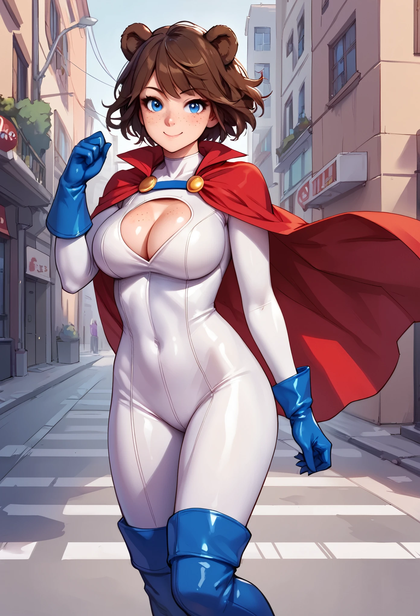 score_9_up, score_8_up, score_7_up, 1girl, solo, source_anime, hourglass figure, Big breasts, kemonomimi, bear ears, brown hair, short hair, messy_hair, blue eyes BREAK freckles, (cosplay), super girl cosplay, super hero, white bodysuit, cleavage cutout, red cape, blue gloves, blue boots, brave smile, closed mouth, standing, looking at viewer, outdoors, urban area, daytime 