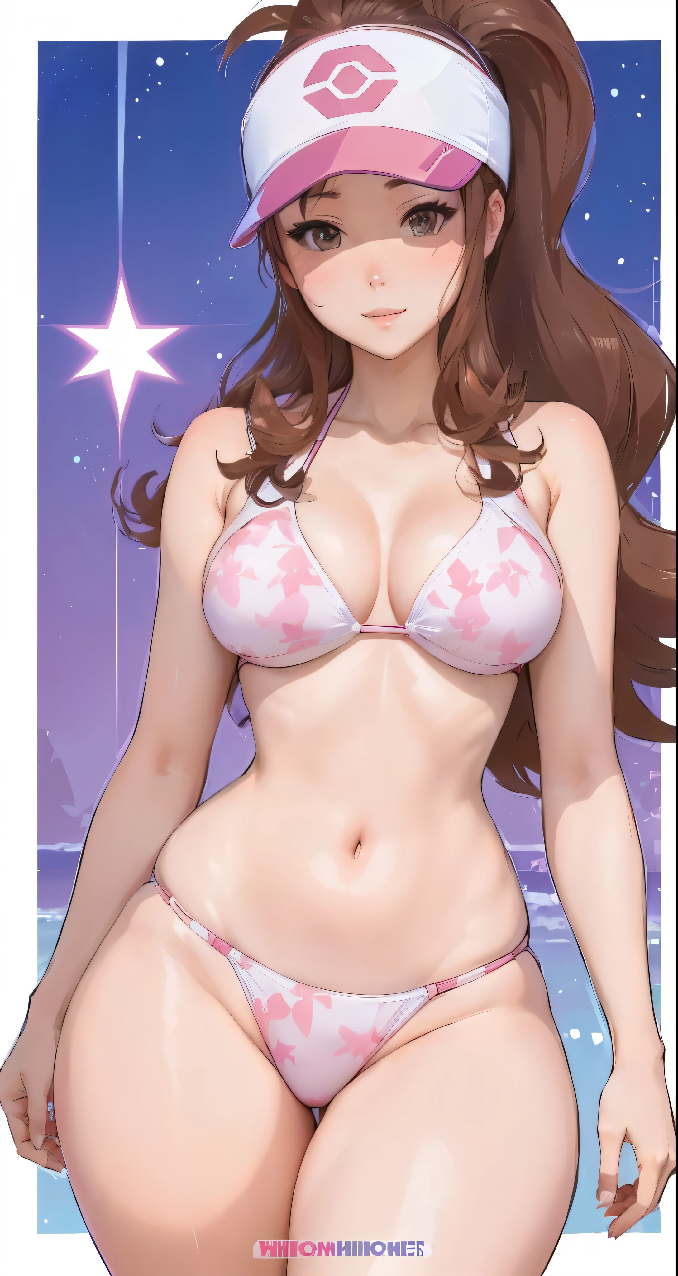 a cartoon picture of a woman in a bikini and a visor, thicc, marin kitagawa fanart, is wearing a swimsuit, swimsuit, nishimiya shouko, oppai, oc commission, brown hair and a perfect body, oppai proportions, fullbody commission for, in a bikini, cel - shaded art style, commission for high res, realistic bikini,curvy