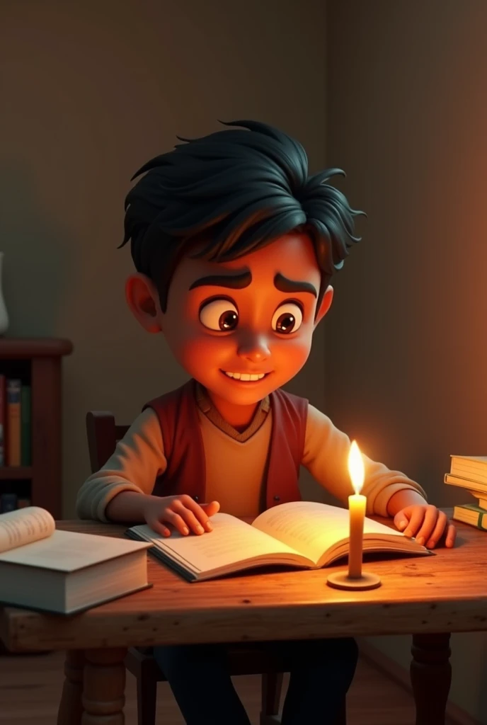 In cinematic 3d cartoon style'Ravi sitting at a small wooden table, surrounded by books, studying under the dim light of a candle. The room is modest, with a few belongings scattered around, emphasizing his dedication despite limited resources'