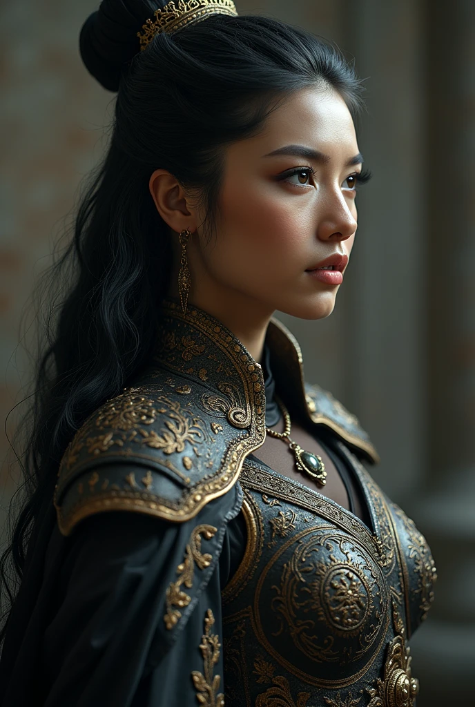a sexy imperial warrior girl, beautiful detailed eyes, beautiful detailed lips, extremely detailed eyes and face, long eyelashes, ornate armor, intricate details, flowing cape, imposing demeanor, dramatic lighting, dark fantasy, cinematic composition, muted color palette, masterpiece, (best quality,4k,8k,highres,masterpiece:1.2),ultra-detailed,(realistic,photorealistic,photo-realistic:1.37)