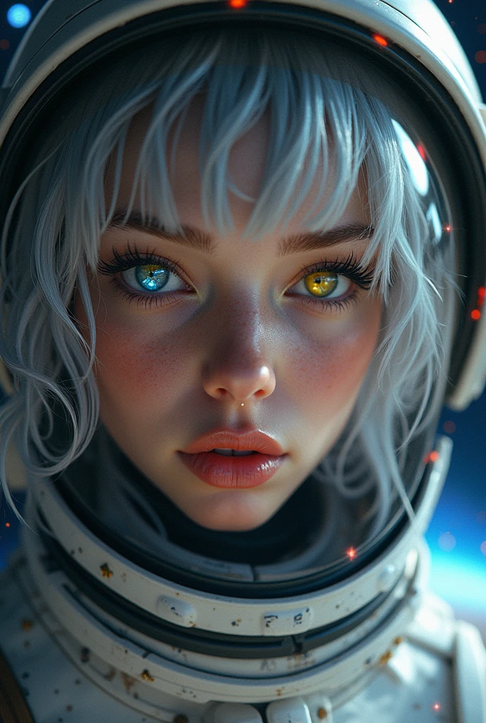 (Close-up of a better masterpiece:1.5)0.9], (Space and astronauts:1.2) (Messy silver hair:1.1) (Heterochromia xanthochromia and blue eyes:1.2) (Space Helmet:1.0) (Colored stars in the eyes:1.0) (A radiant glow:1.1) (thick lips:0.9)