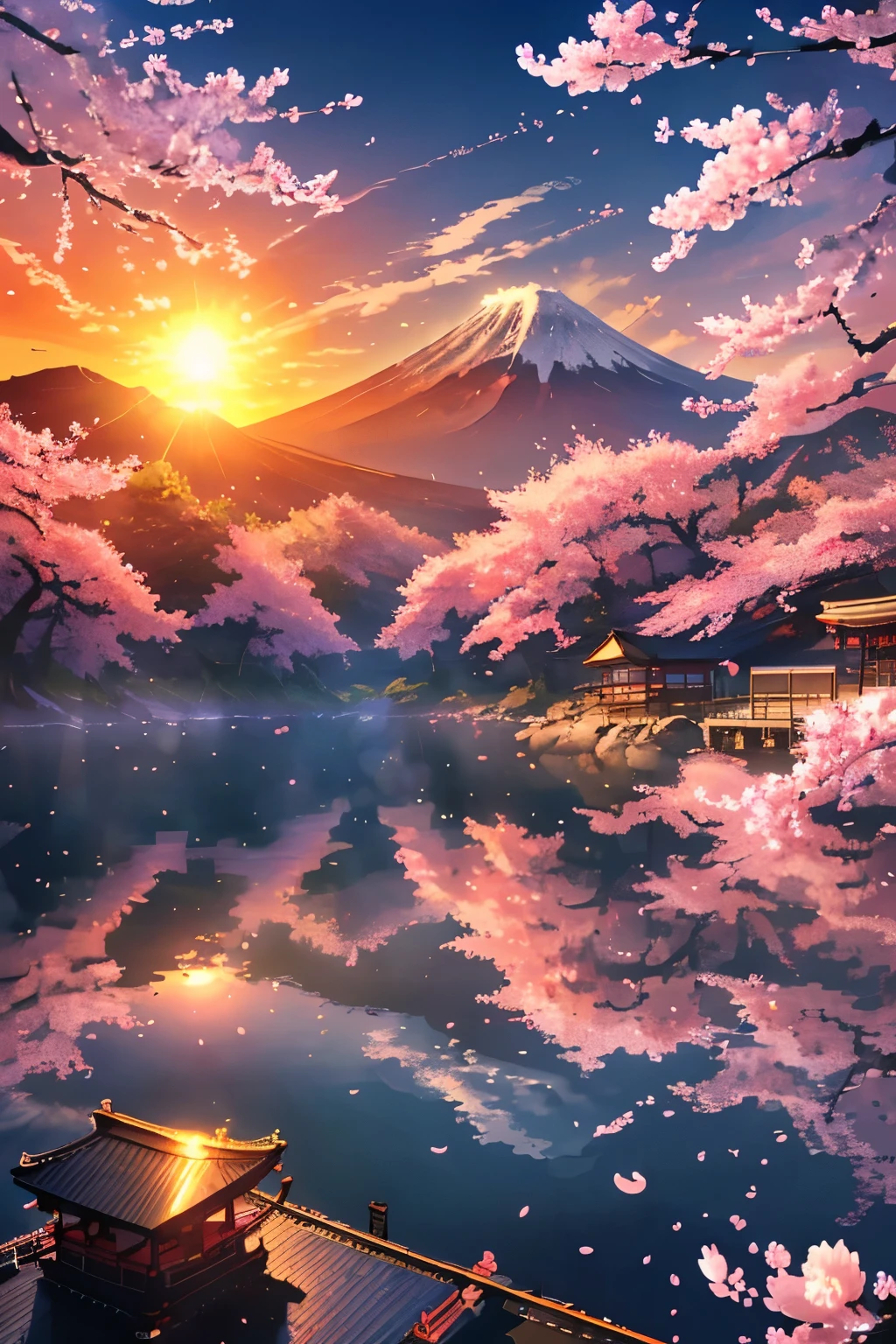 sun,Big Sun、Fuji Mountain,shrine、cherry blossoms、masterpiece,hope,Positive,beautiful,High resolution, High resolution, 8k, masterpiece2:1,