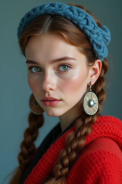 there is a woman with a blue headband and a red blanket, long pigtail, halfbody headshot, inspired by Louisa Matthíasdóttir, very accurate photo, lucio as a woman, pigtails, huge earrings and, hair in pigtails.