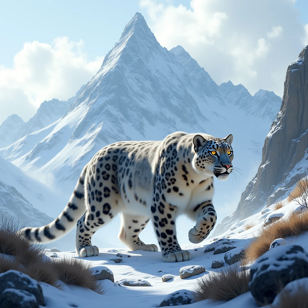 Generate the illustrative image of snow leopard on mountain