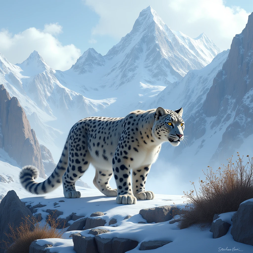 Generate the illustrative image of snow leopard on mountain