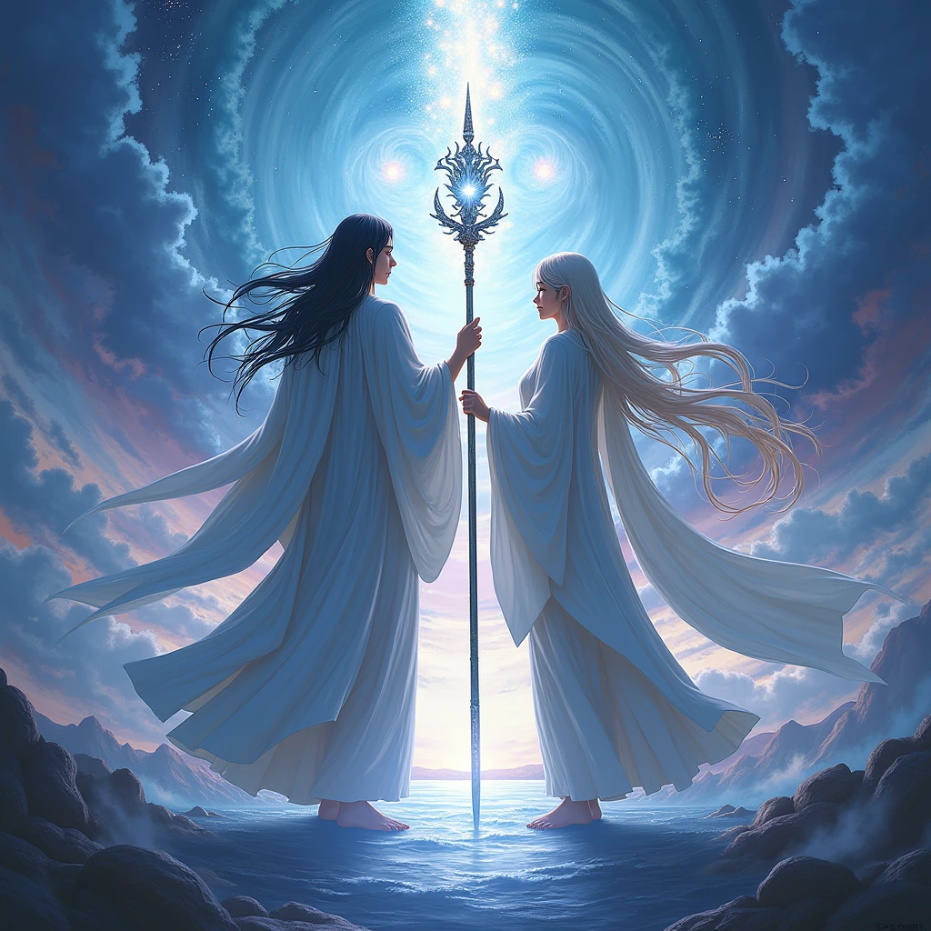 Prompt:
Izanagi and Izanami are majestically depicted in the sacred realm of Takamagahara, bathed in a celestial aura of divine radiance. Ethereal gods drift around them, their forms shimmering in the soft glow of creation. The sky swirls with vibrant blues and purples, echoing the primordial chaos. Izanagi and Izanami, resolute and dignified, hold the heavenly jeweled spear, Ame-no-Nuboko, which sparkles with a mystic iridescence, symbolizing their divine resolve to shape the world.