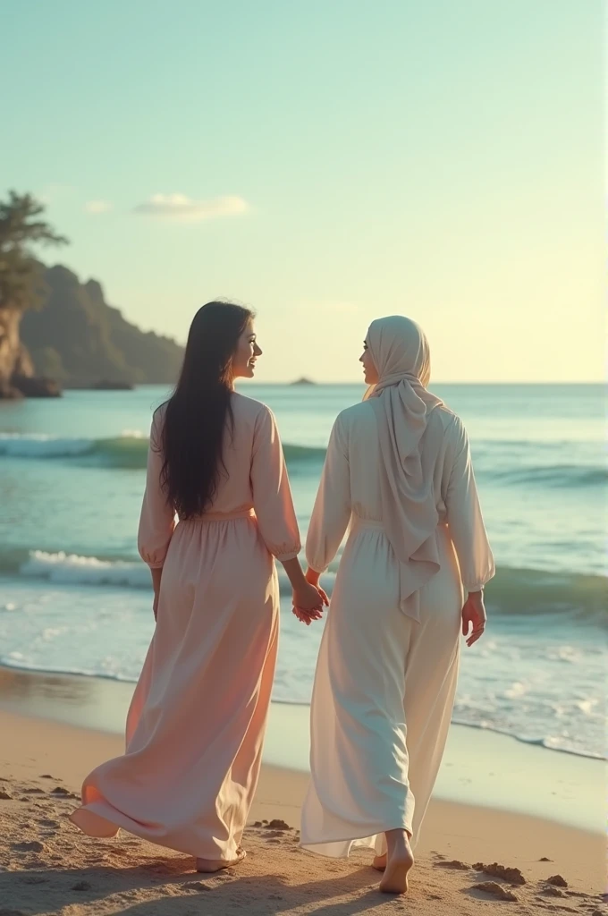 Saira and Aisha walking hand in hand towards the calm sea, the sky now clear, and the water peaceful again, symbolizing their resilience.