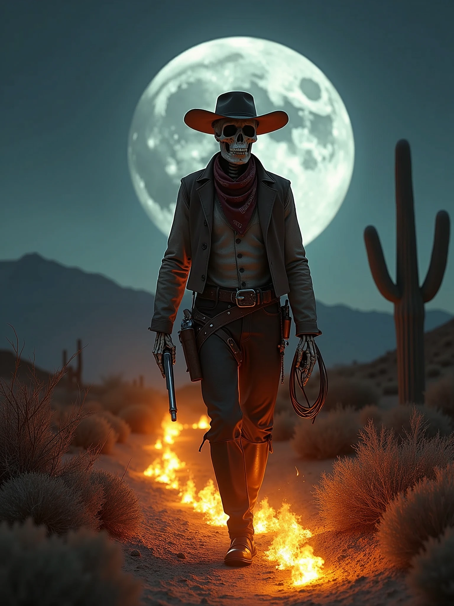 ((masterpiece, 16K, best quality, high resolution:1.3)), (an ultra-realistic and ultra-detailed image of a skeleton dressed as a cowboy:1.2), (he is walking, and wherever he steps, the ground catches fire:1.2), (he is in the Old West at night, with a full moon in the background:1.2), (epic and award-winning photo:1.2), (full-body shot:1.2), (aspect ratio 9:21:1.2), (the skeleton cowboy is wearing a classic cowboy hat, a bandana, a leather vest, and chaps:1.2), (he is carrying a six-shooter revolver in a holster and a lasso coiled at his side:1.2), (the background features a vast, desolate landscape with cacti, tumbleweeds, and distant mountains:1.2), (the full moon casts a silvery light, creating dramatic shadows and highlights:1.2), (the fires left by his footsteps are vivid and intense, adding a dynamic element to the scene:1.2), (Canon EOS 5DS R camera, perfect for capturing the detail and beauty of the scene:1.2), (paired with the Canon EF 24-70mm f/2.8L II USM lens:1.2), (the scene is illuminated with high contrast, creating a dramatic and cinematic atmosphere:1.2), (the composition showcases the intricate details of the skeleton cowboy and the epic setting:1.2), (a moment frozen in time, capturing the essence of the supernatural and the Wild West:1.3), (ultra photorealistic, highlighting the intricate details of the skeleton and the dramatic landscape:1.3), (an image that transports viewers to a captivating and epic moment:1.2), - - ar 9:21