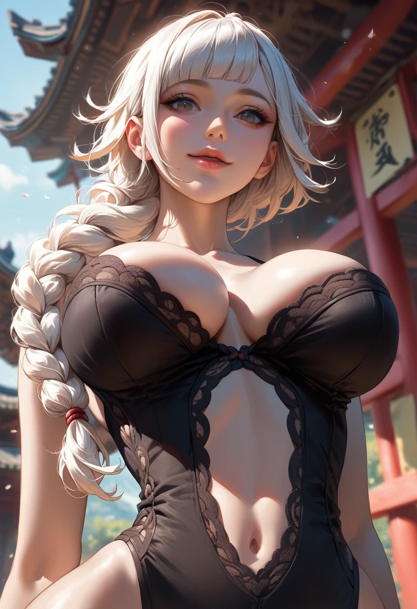 (masterpiece:1.2, best quality, illustration), Mei Mei (Jiu Jitsu Kaiba), Braided ponytail covers the face, Shiny face, (Glossy lips), Beautiful shiny eyes, (Long eyelashes), Delicate face, Pale complexion, *White hair), Bangs, Smile, ((Black lingerie)), Sexy clothing, Japanese temple background, (outdoor), Rear view from below, ((Beautiful breasts:1.5)), (Cleavage exposed), Curvy body, (Very detailed), (Practical), The award-winning, Additional Details, ((HD, 4K,high resolution)), (Blurred background), Shadow Effect, Focus on the face, (Lean forward)