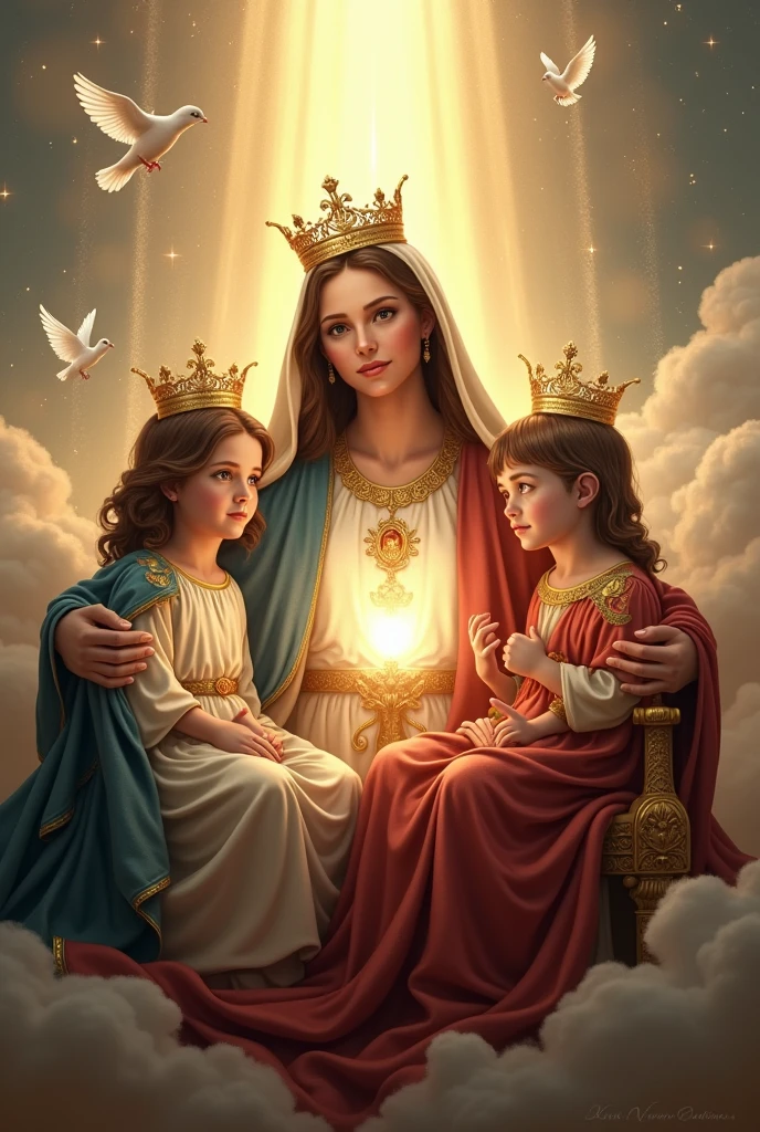 (photorealism:1.2), beautiful virgin Mary, handsome Jesus Christ and handsome teen Jesus,ting in the throne each of them in the kingdom of god that full of clouds, the light of their crowns and hearts spreading all over, wearing the orange color of a king, queen and prince, the crown of lights, real beautiful faces, real nice hair, real face, real image, heaven outdoors that full of clouds, brighter lighting, five fingers, clouds and many doves in the background, elegant clothes, stars and sunlight, beautiful heaven of paradise, relaxed pose, realistic, intricate details, bright and warm colors,