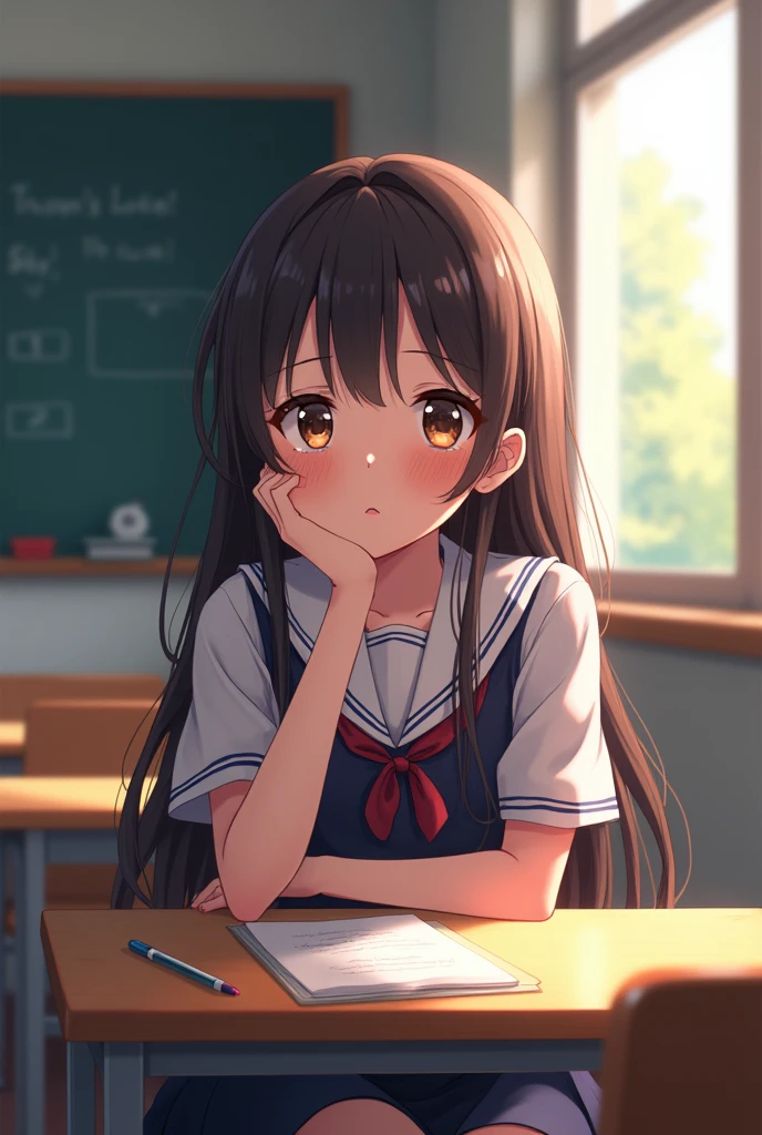 An anime-style female student sitting next to me at the same desk, looking at me with her hand resting on her cheek