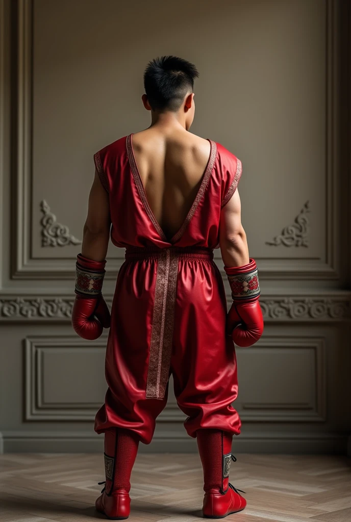 Describe a young Indonesian male with fair skin, slightly chubby, standing at 170cm tall, in a photo studio with an aesthetic wall backdrop, facing away from the camera, wearing clothes., Full boxing pants with boxing gloves and boxing robe. Realistic photo, 8k, HDR