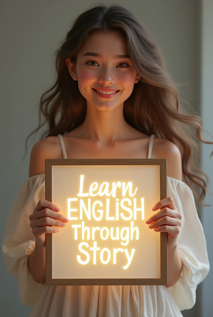 Beautiful girl with heart-warming smile and wavy long hair, bohemian dress, holding a white board with text "learn English Through Story" and showing it to the viewer, the board is glowing with a the text.