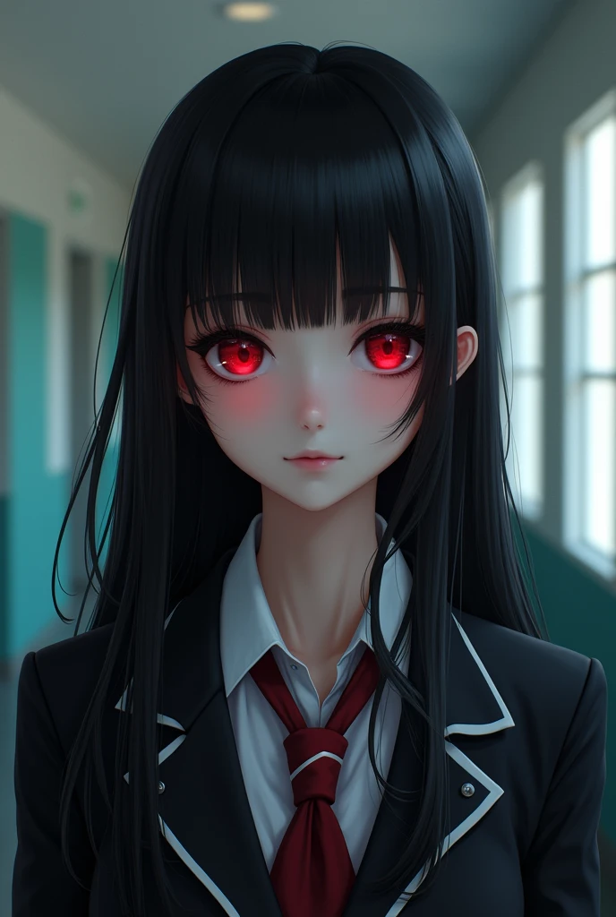 A beautiful high school girl with black hair and red eyes.
Her hair is straight and silky smooth.
She is wearing her full school uniform.
From head to toe.
