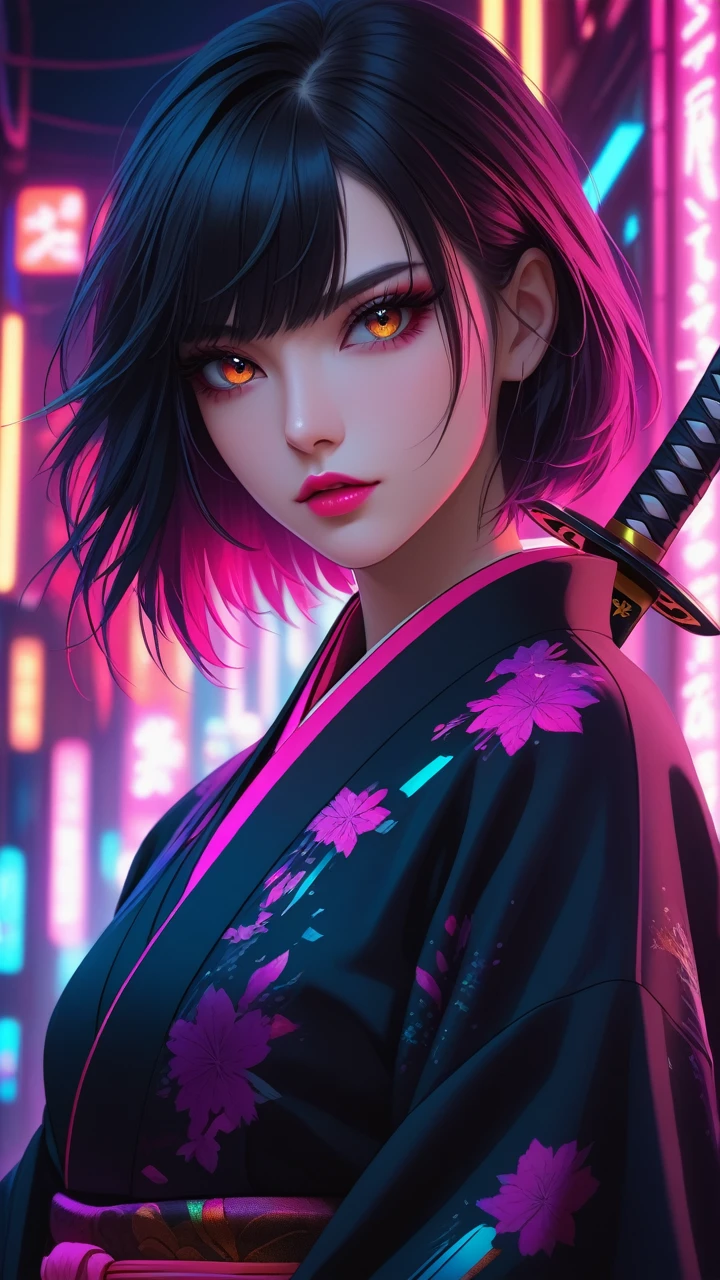 beautiful detailed eyes, beautiful detailed lips, extremely detailed eyes and face, long eyelashes, 1 girl, detailed portrait, kimono, holding katana, cyberpunk style, sci-fi, neon lights, dark atmosphere, dramatic lighting, cinematic, vivid colors, hyper-detailed,