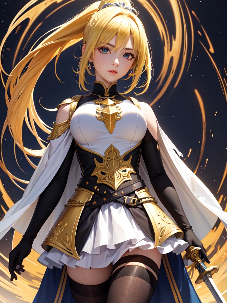 (Ultra extreme detailed),(Masterpiece),(Ultra extreme),(Realistic),CG,(color:1.2), Strong lighting,Light from behind,evaluation:Safety,A blonde person alone, 黒color,Blonde ponytail,Green Eyes,White shrite,short_白いcolorの鎧、Princess、Tights Knee Socks、Shoulder pads、breastplate、holding a sword hilt