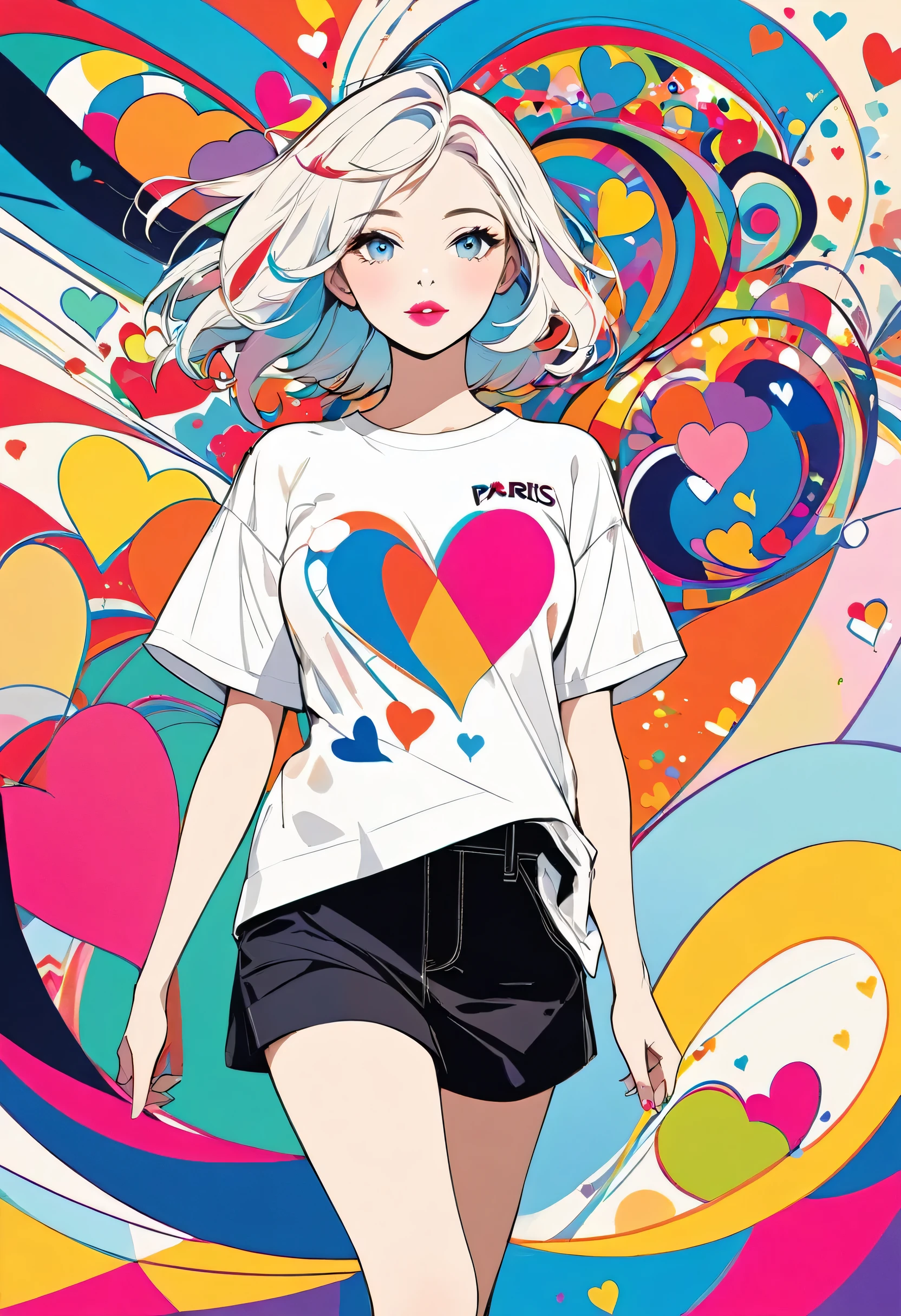 Vasily Kandinsky colorful style, Simple Line Initialism,Abstract art,(((The most beautiful girl of all time))), Sweet face. Lips in love, colorful hearts, stylish design, 夏のオシャレなTシャツ, 黒い瞳, walking, Paris